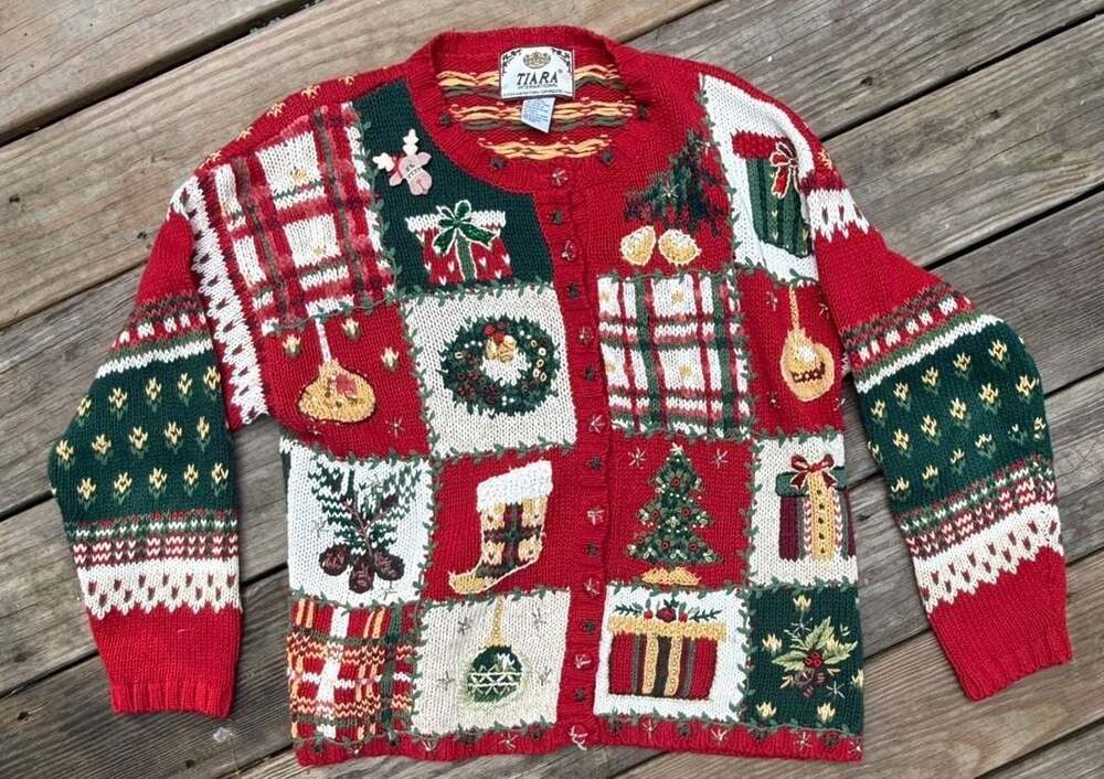 Tiara  Vintage Christmas Patchwork Ugly Holiday Sweater Large